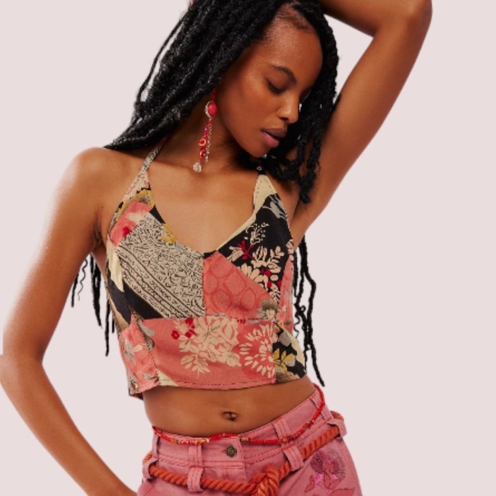 NWT Free People Rae Crop Halter Top in Black, Red, & Yellow Print XS